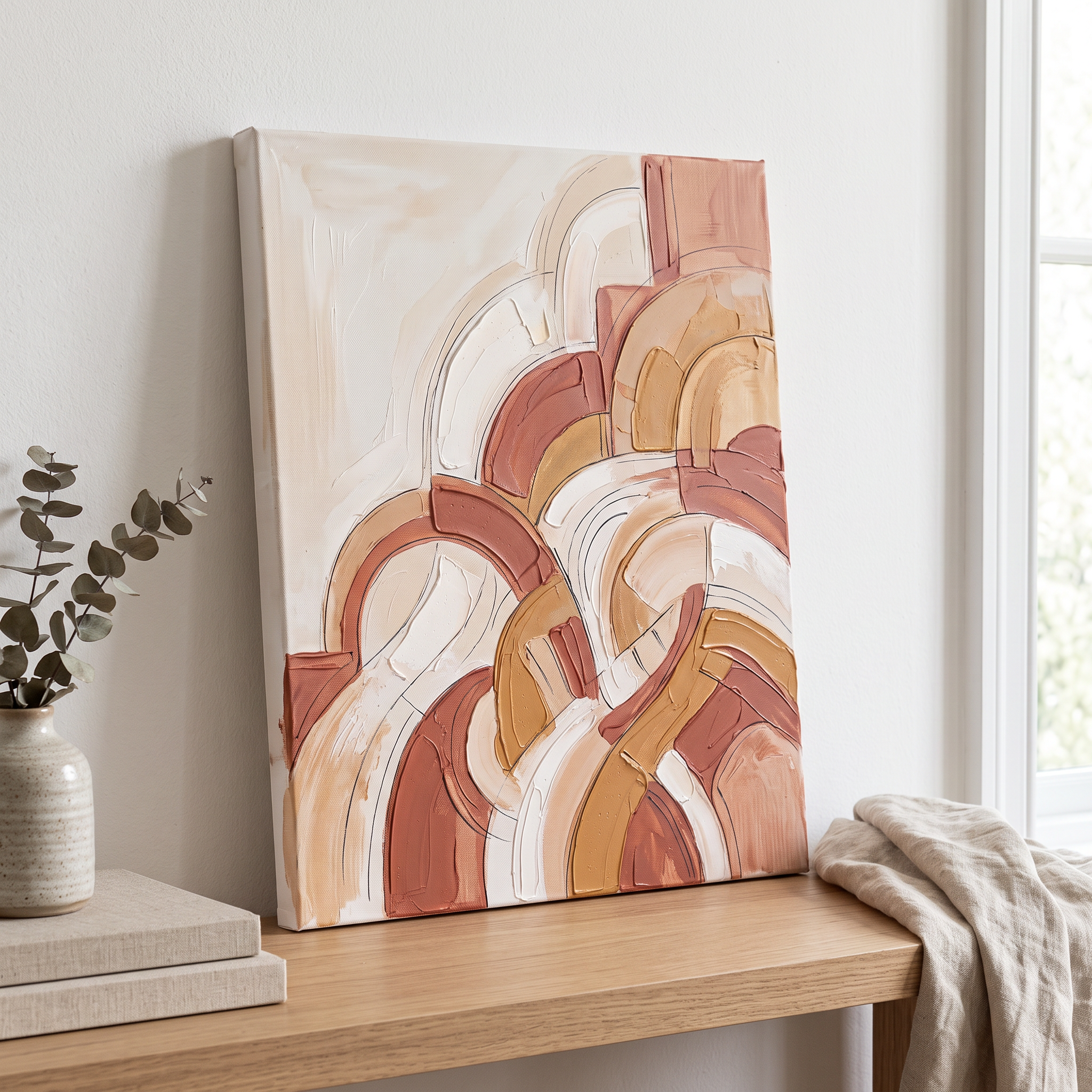 Terracotta Curved Forms Abstract Wall Art, Earth Tone Impasto Painting, Modern Bedroom Decor, Gift