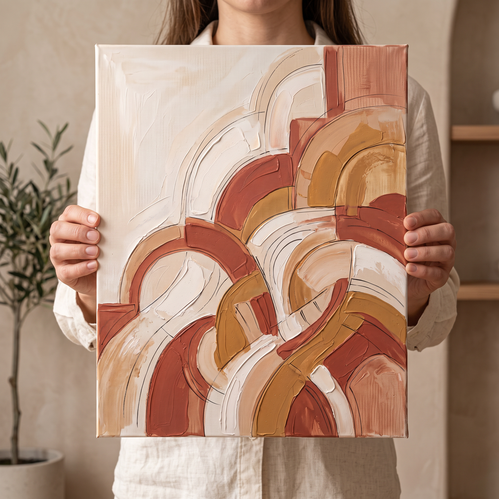 Terracotta Curved Forms Abstract Wall Art, Earth Tone Impasto Painting, Modern Bedroom Decor, Gift