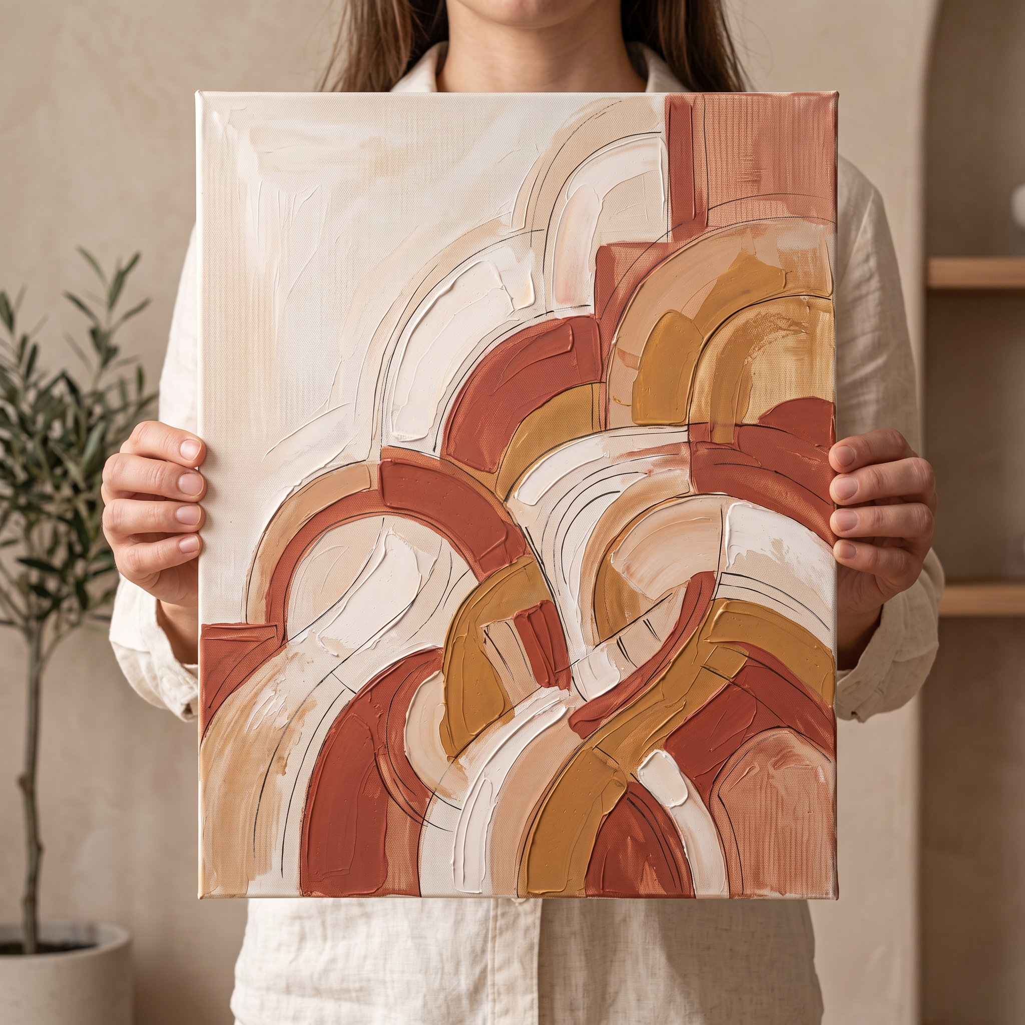 Terracotta Curved Forms Abstract Wall Art, Earth Tone Impasto Painting, Modern Bedroom Decor, Gift
