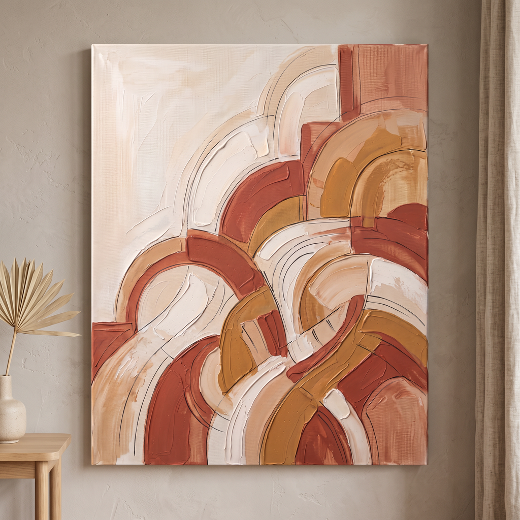 Terracotta Curved Forms Abstract Wall Art, Earth Tone Impasto Painting, Modern Bedroom Decor, Gift