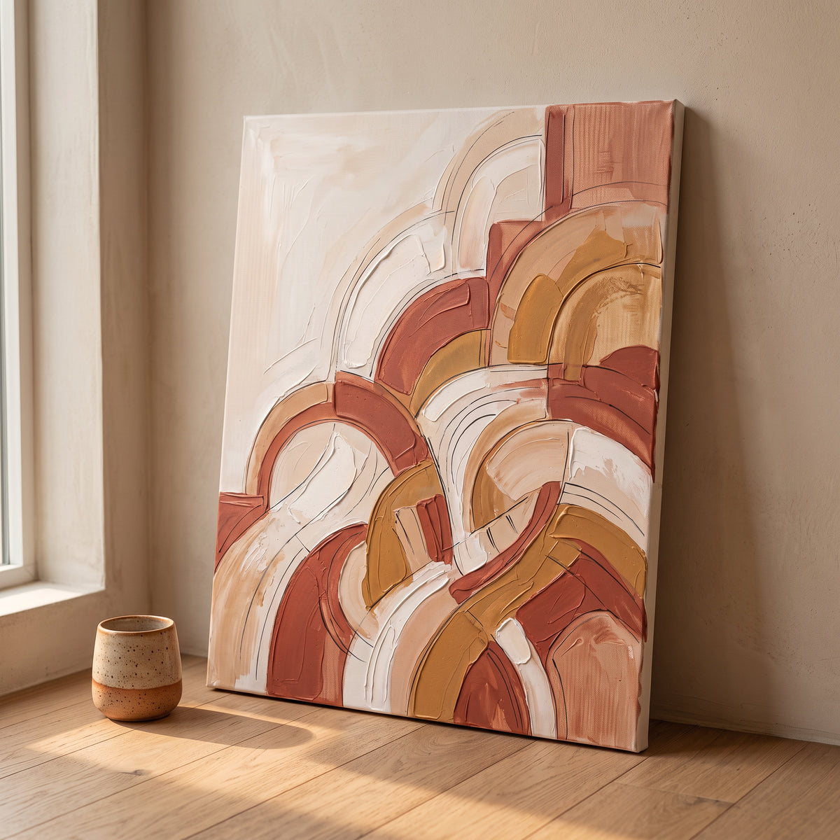 Terracotta Curved Forms Abstract Wall Art — abstract wall art, bedroom wall decor, canvas wall art shown on a wall in a styled interior, view C9 (canvas print)