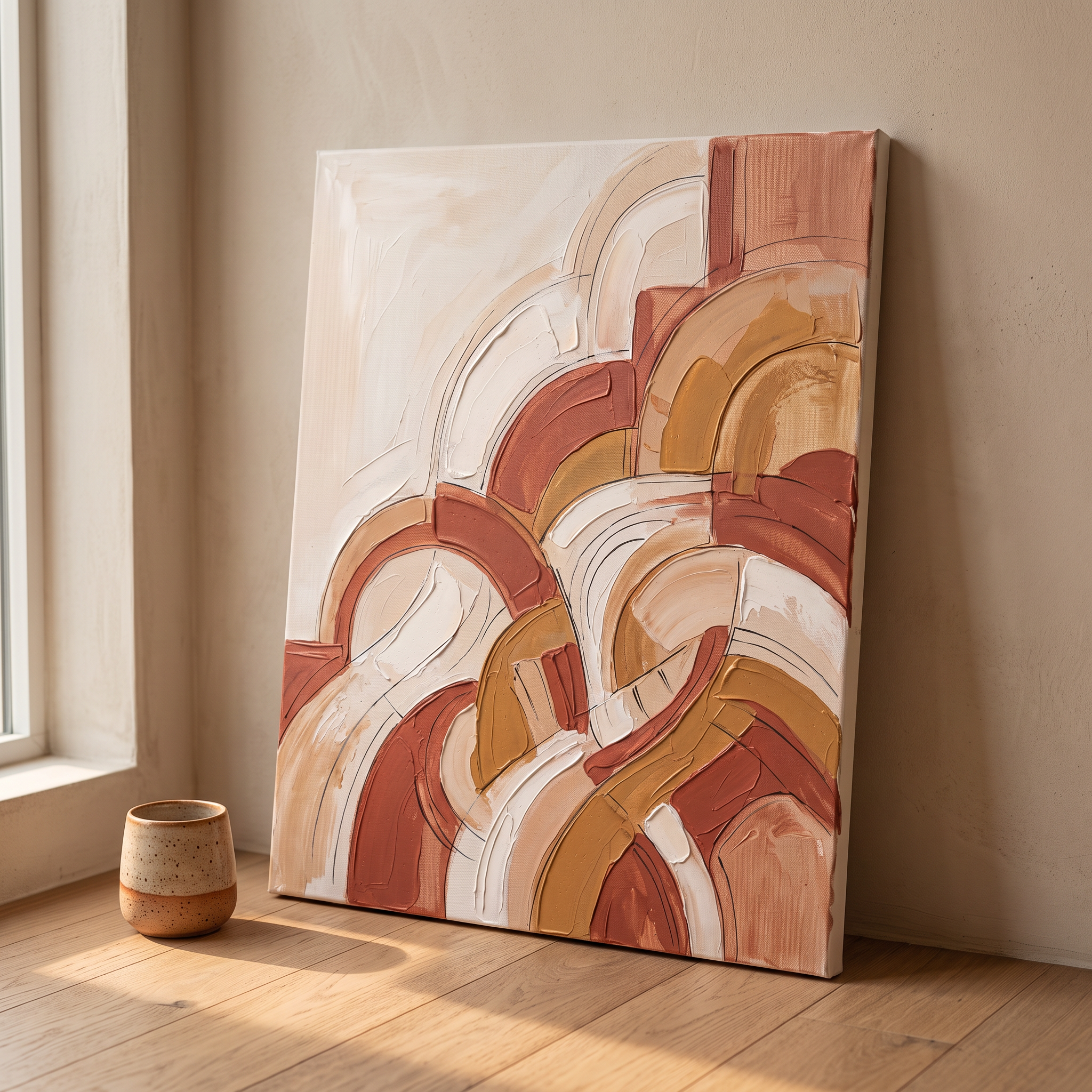 Terracotta Curved Forms Abstract Wall Art, Earth Tone Impasto Painting, Modern Bedroom Decor, Gift