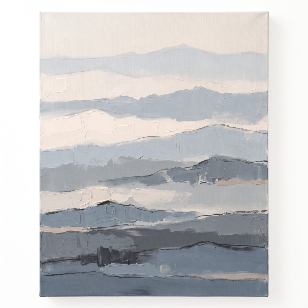 Fog Blue Layered Texture Abstract Canvas, Minimalist Wall Art Print, Calm Bathroom Decor, Gift
