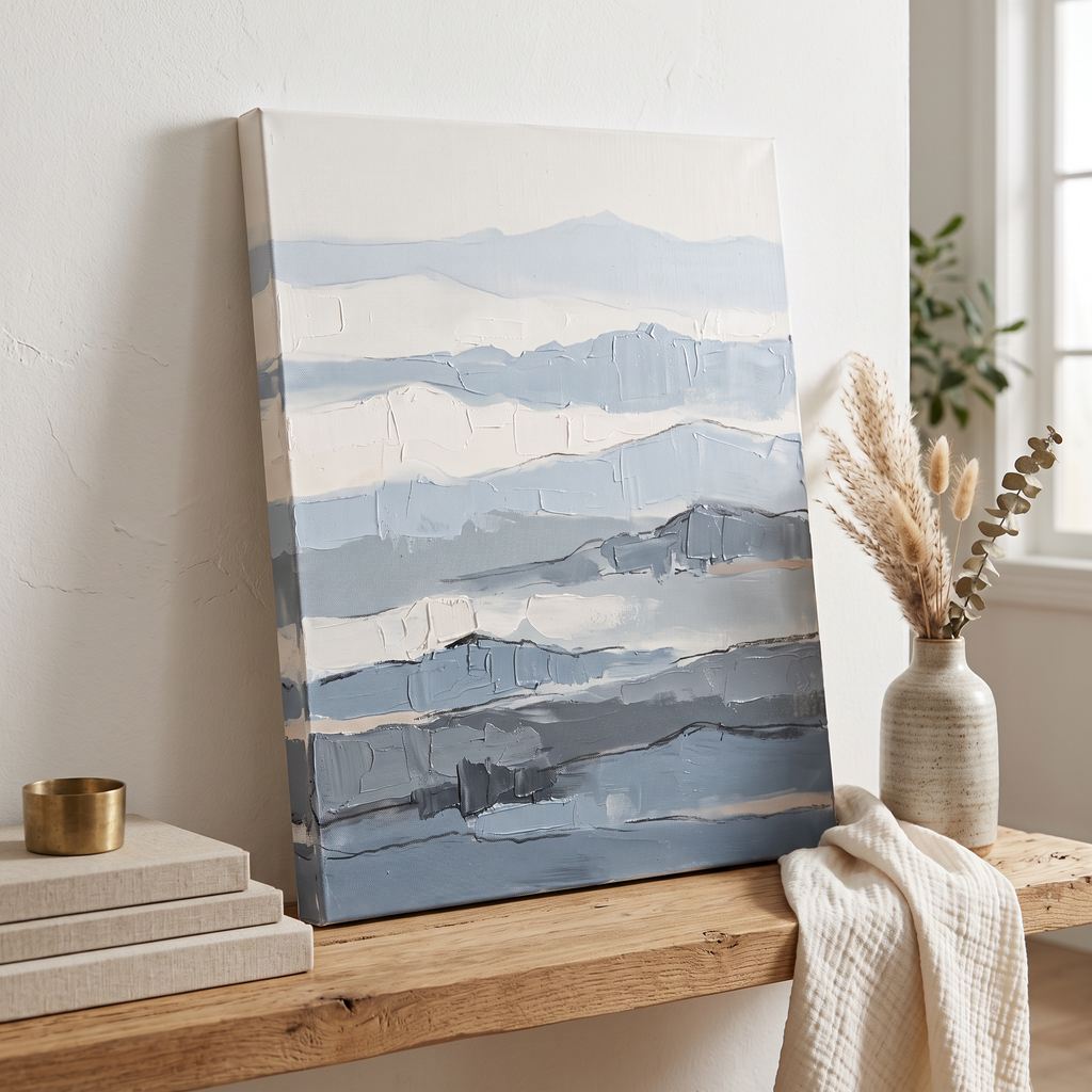 Fog Blue Layered Texture Abstract Canvas, Minimalist Wall Art Print, Calm Bathroom Decor, Gift