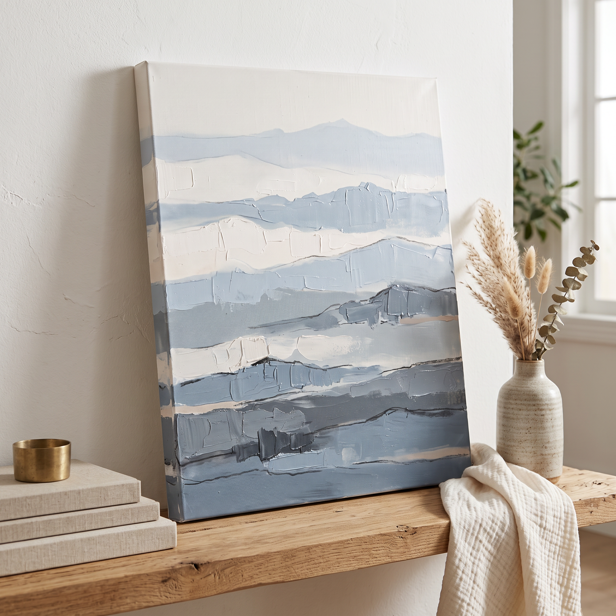 Fog Blue Layered Texture Abstract Canvas, Minimalist Wall Art Print, Calm Bathroom Decor, Gift