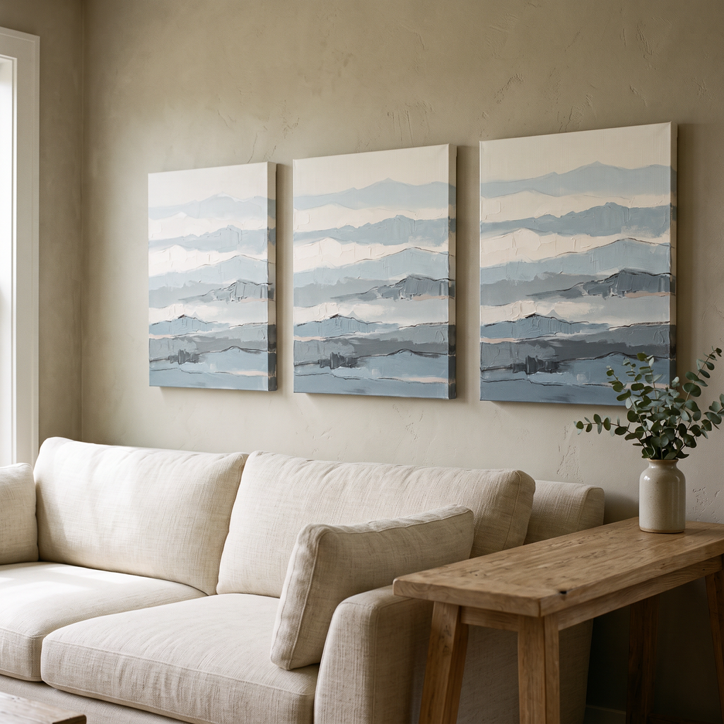 Fog Blue Layered Texture Abstract Canvas, Minimalist Wall Art Print, Calm Bathroom Decor, Gift