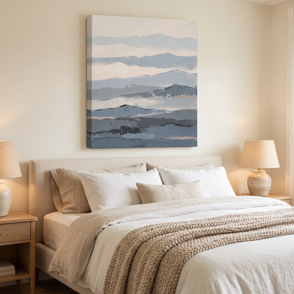 Fog Blue Layered Texture Abstract Canvas, Minimalist Wall Art Print, Calm Bathroom Decor, Gift