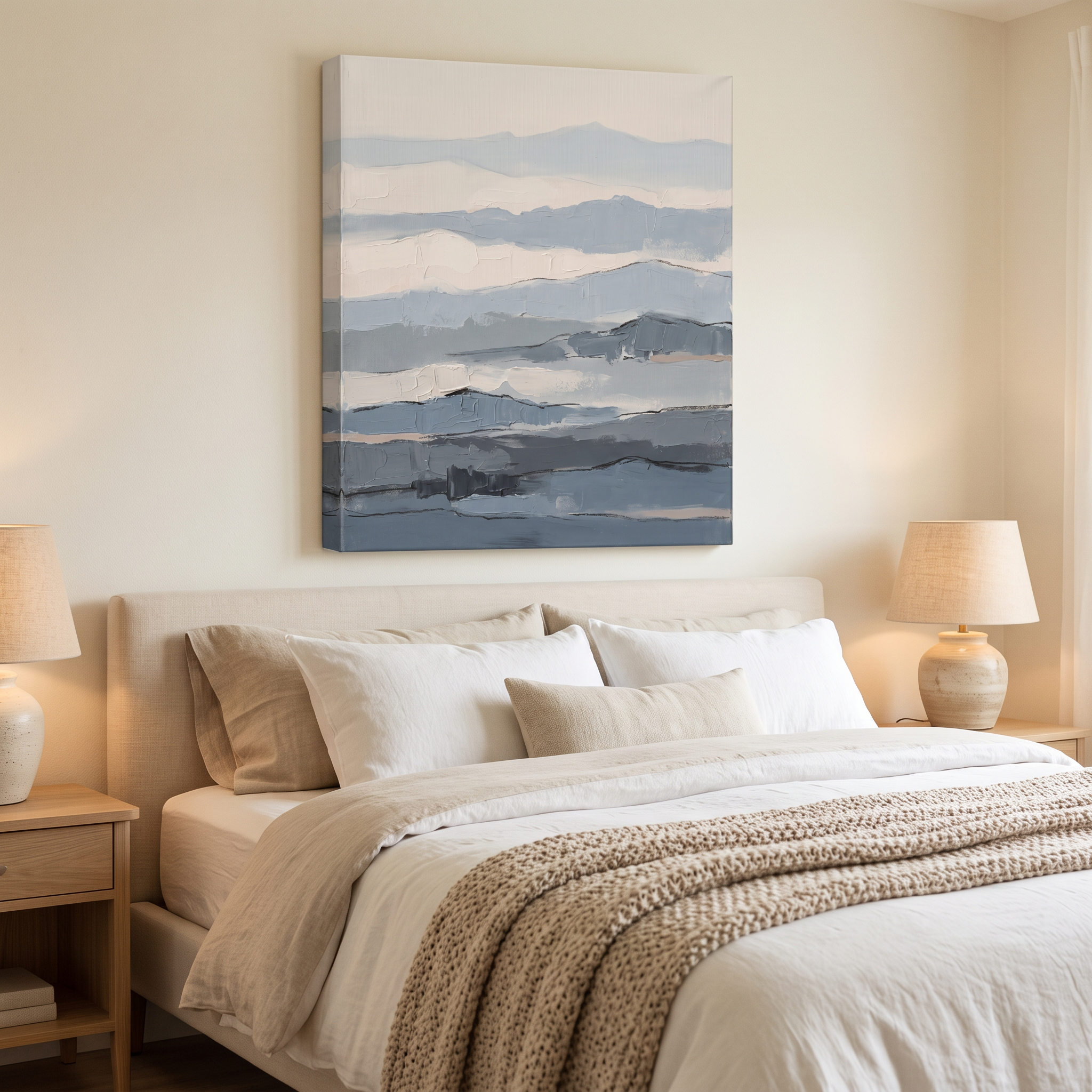 Fog Blue Layered Texture Abstract Canvas, Minimalist Wall Art Print, Calm Bathroom Decor, Gift