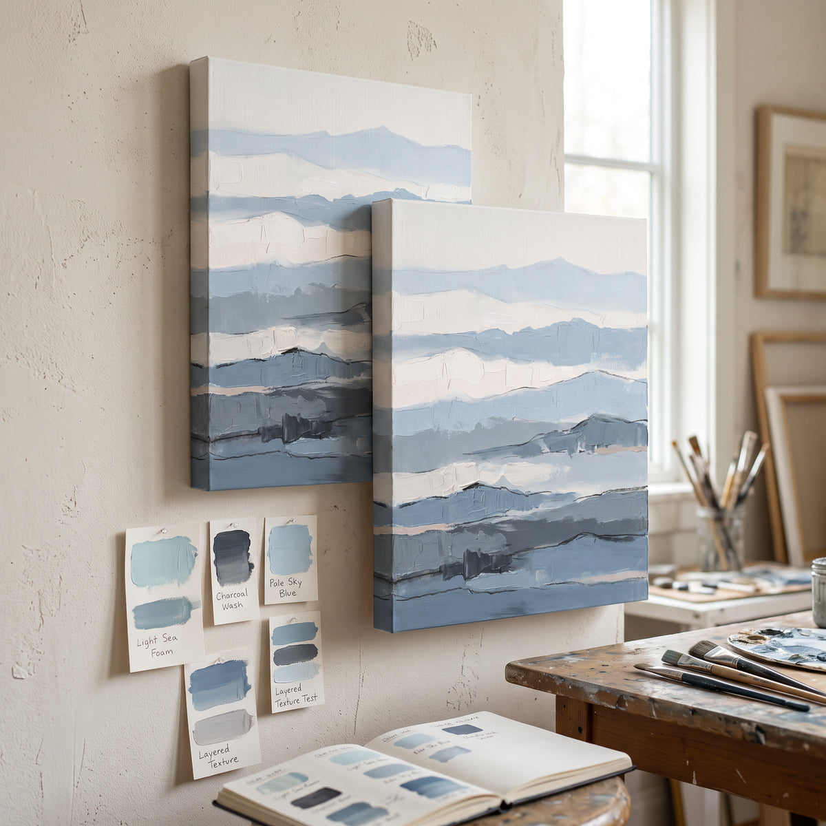 Fog Blue Layered Abstract Canvas — abstract wall art, bedroom wall decor, canvas wall art shown on a wall in a styled interior, view C5 (canvas print)