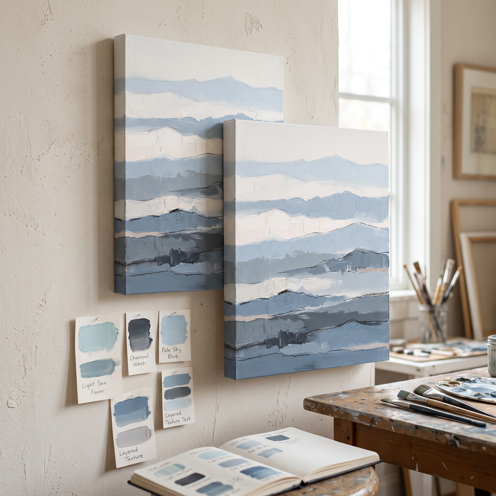 Fog Blue Layered Texture Abstract Canvas, Minimalist Wall Art Print, Calm Bathroom Decor, Gift