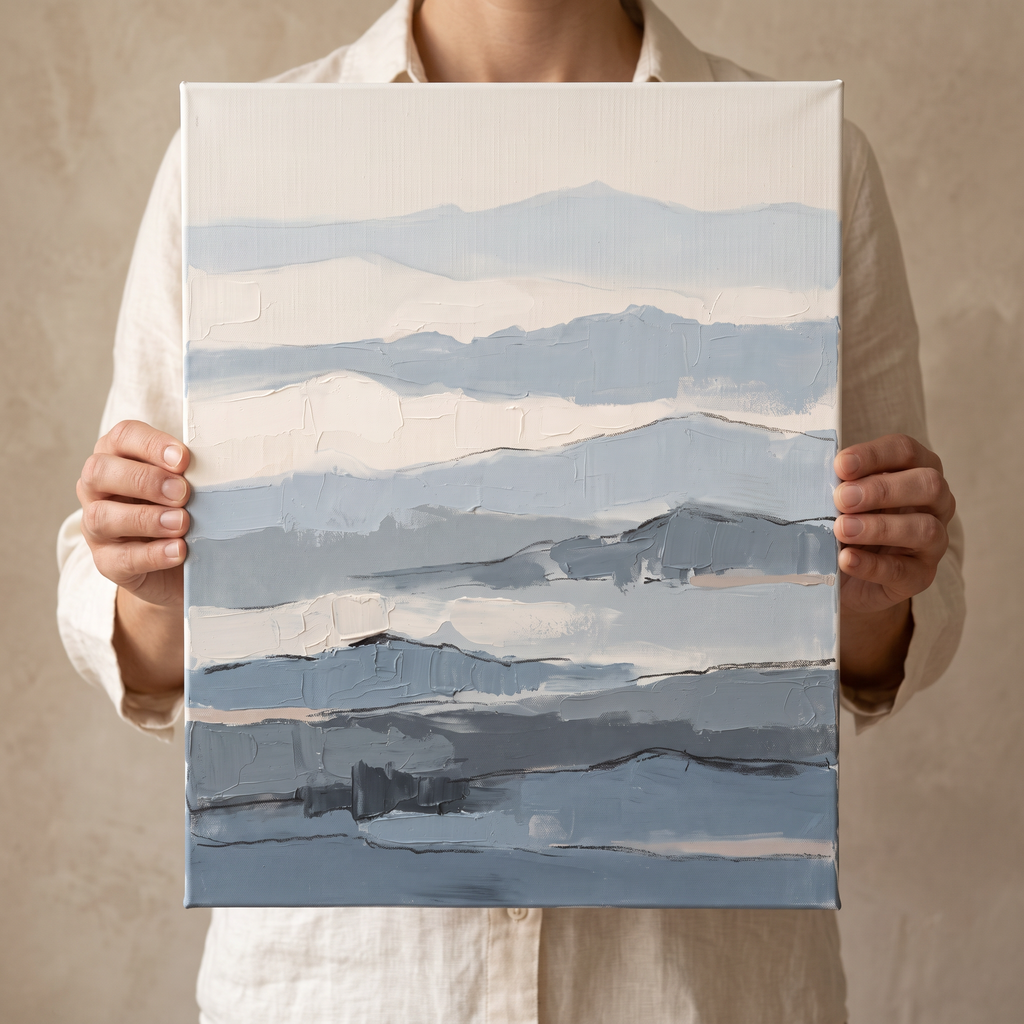 Fog Blue Layered Texture Abstract Canvas, Minimalist Wall Art Print, Calm Bathroom Decor, Gift