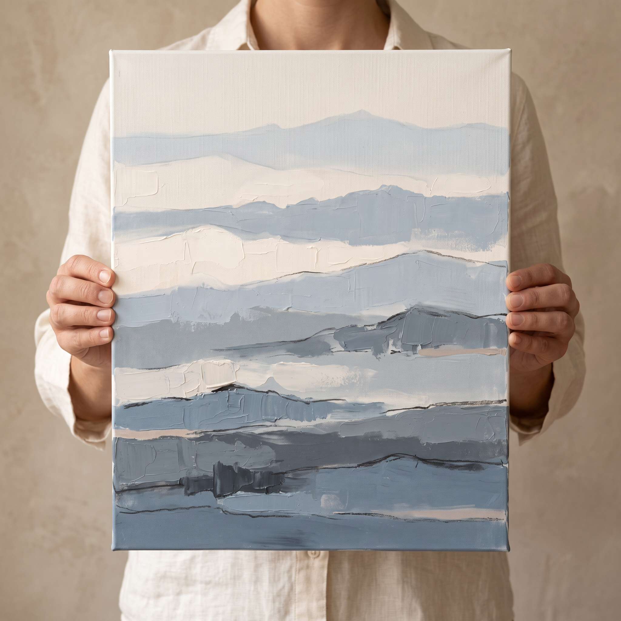 Fog Blue Layered Texture Abstract Canvas, Minimalist Wall Art Print, Calm Bathroom Decor, Gift