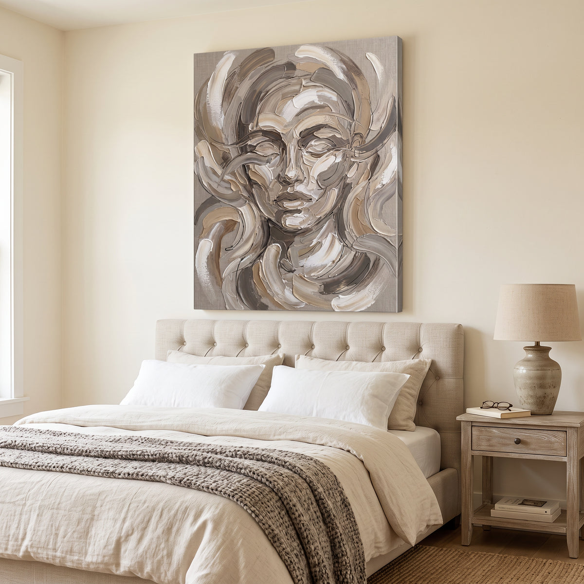 Warm Neutral Portrait Face Study Canvas Print — abstract wall art, bedroom wall decor, canvas wall art shown on a wall in a styled interior, view C4 (canvas print) |