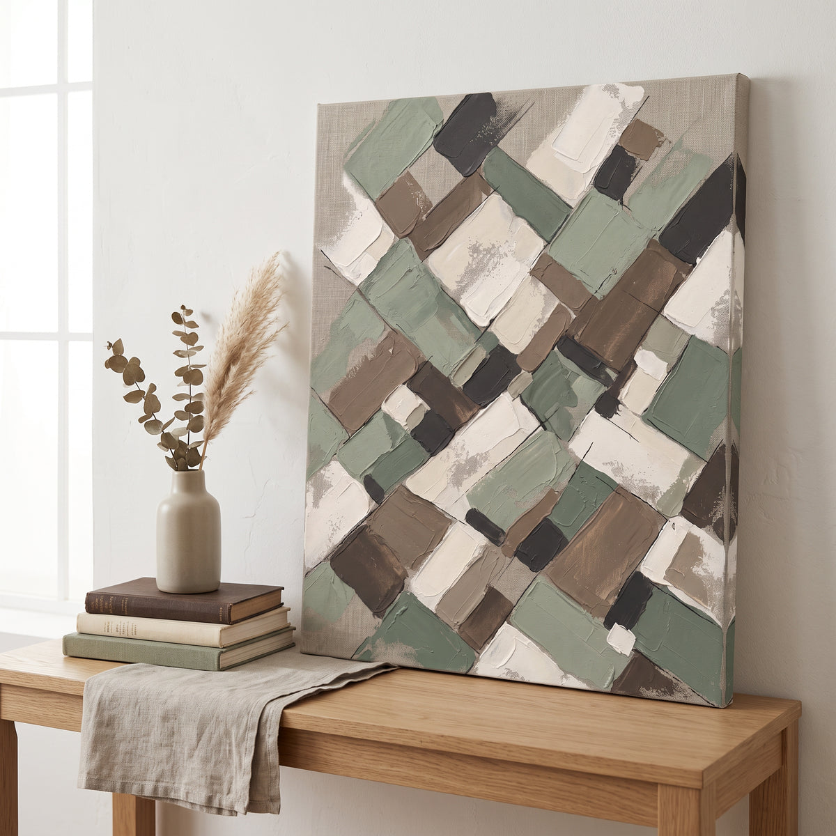 Sage Earth Tone Blocks Abstract Canvas — abstract wall art, bedroom wall decor, canvas wall art shown on a wall in a styled interior, view C10 (canvas print)