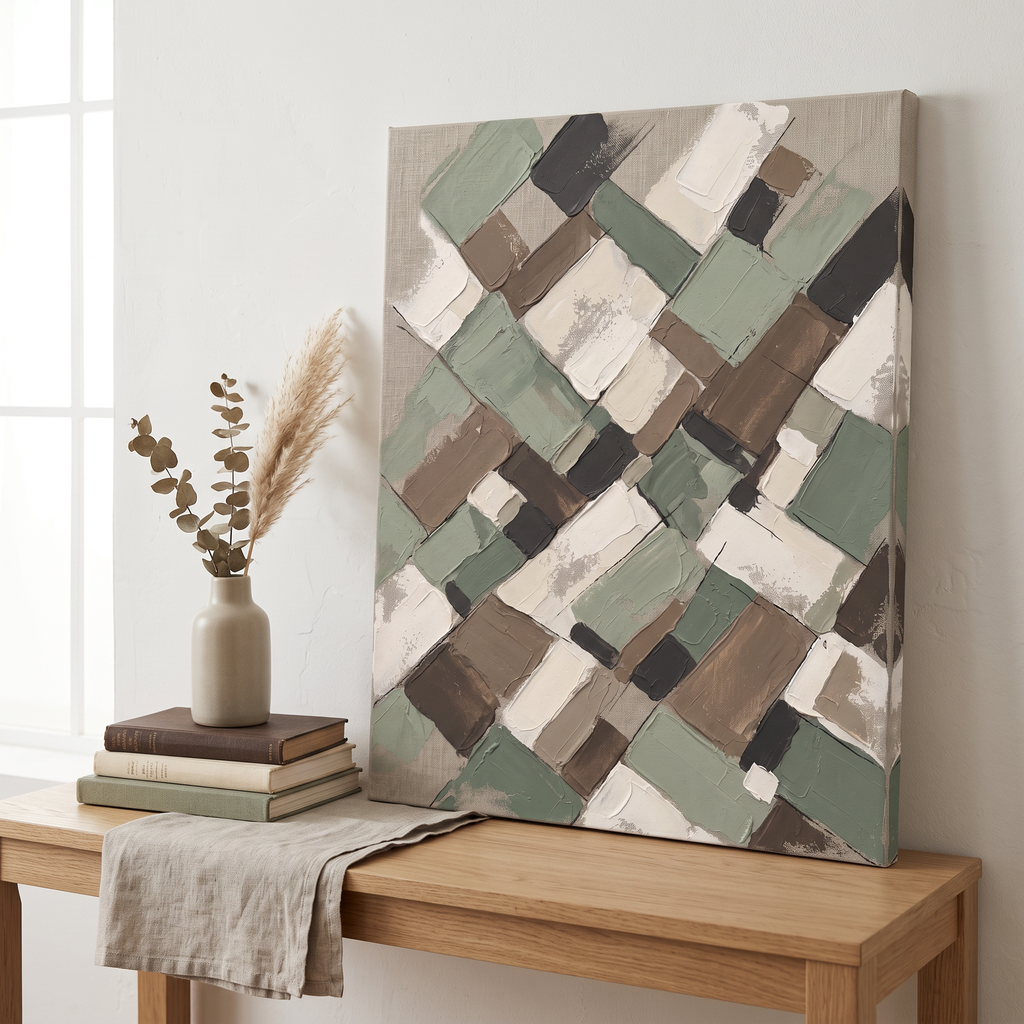 Sage Earth Tone Blocks Abstract Canvas, Muted Botanical Wall Art, Cozy Farmhouse Decor, Gift