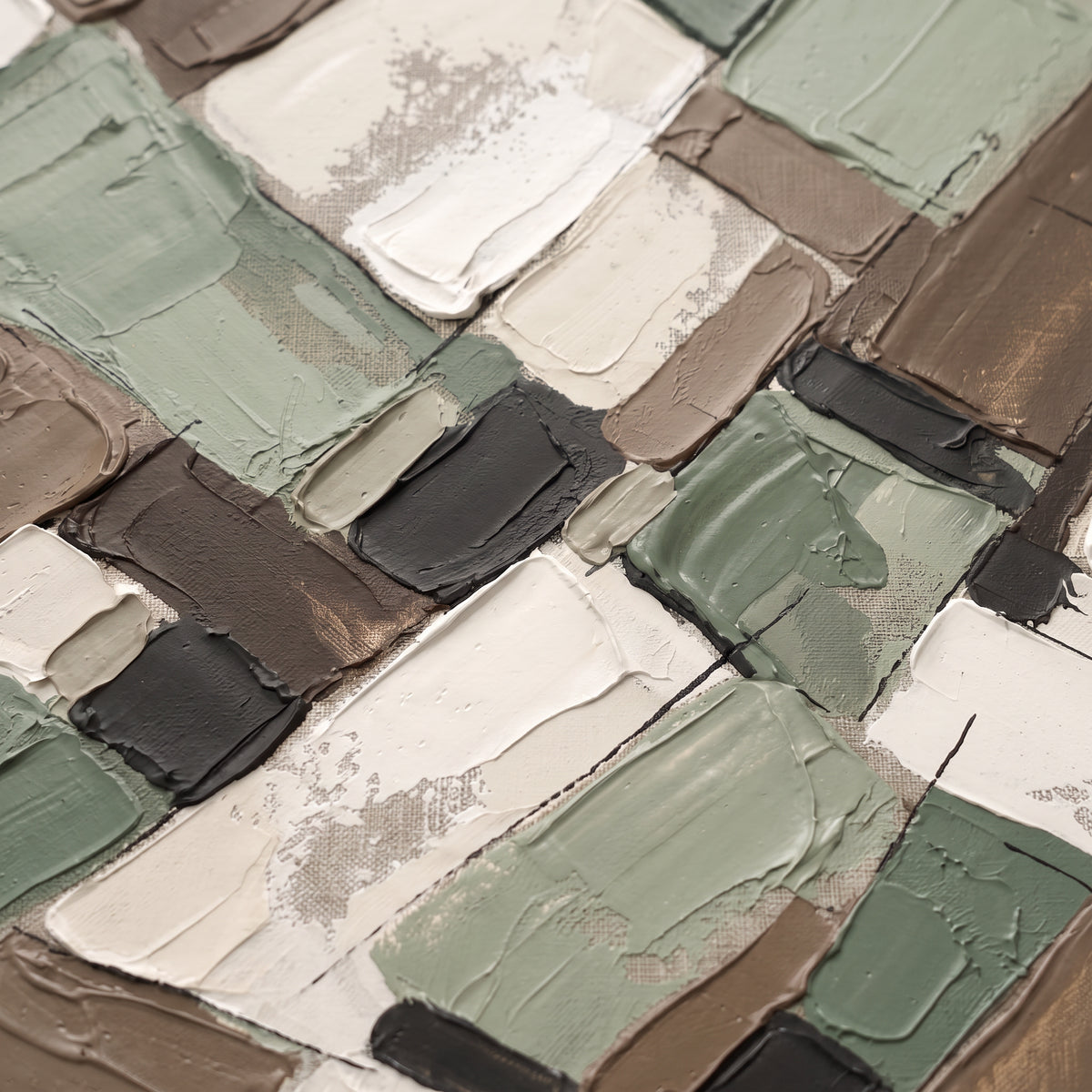 Sage Earth Tone Blocks Abstract Canvas — abstract wall art, bedroom wall decor, canvas wall art shown on a wall in a styled interior, view C2 (canvas print)
