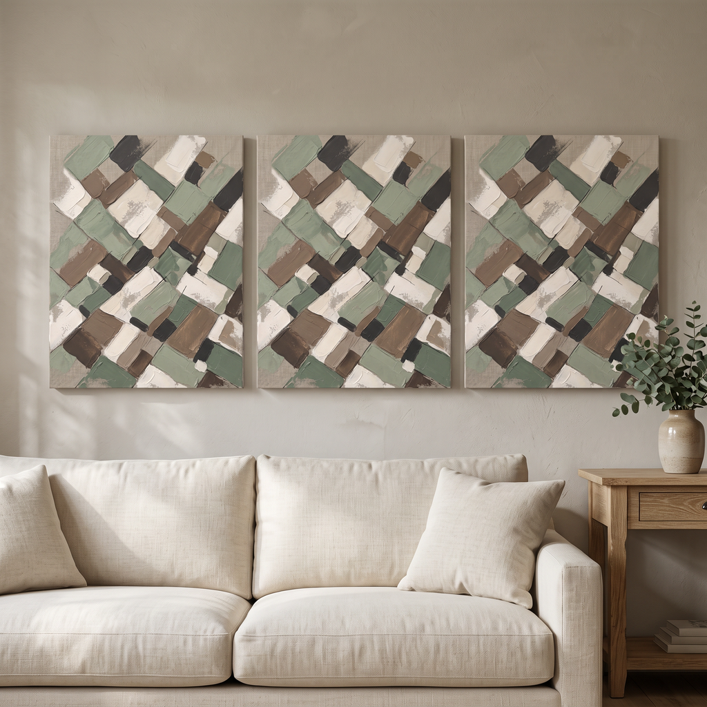 Sage Earth Tone Blocks Abstract Canvas, Muted Botanical Wall Art, Cozy Farmhouse Decor, Gift