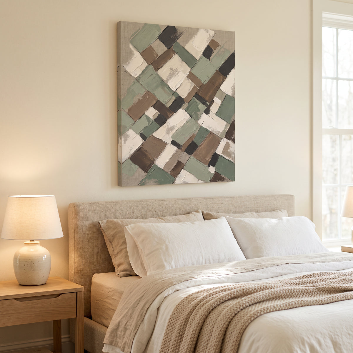Sage Earth Tone Blocks Abstract Canvas — abstract wall art, bedroom wall decor, canvas wall art shown on a wall in a styled interior, view C4 (canvas print)