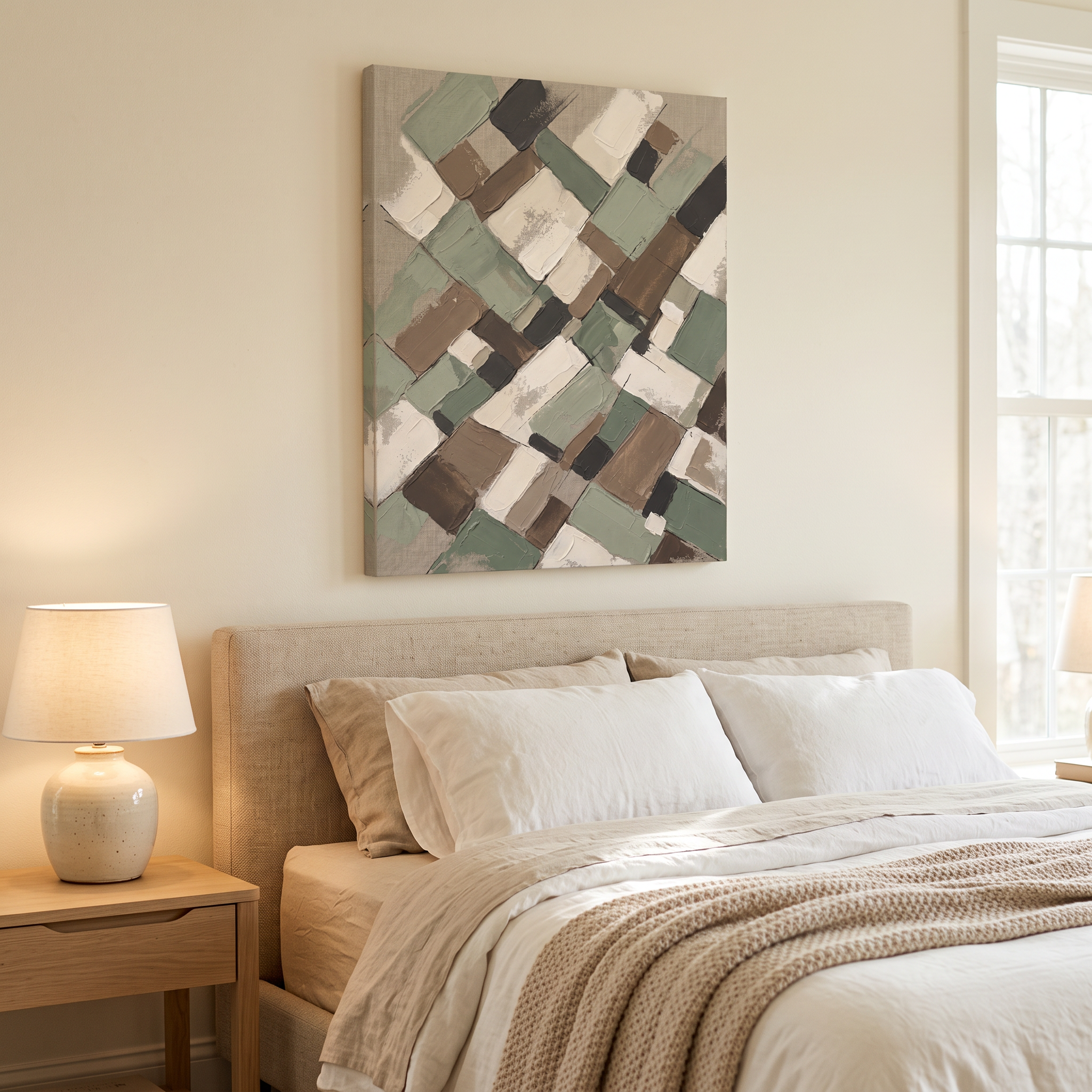 Sage Earth Tone Blocks Abstract Canvas, Muted Botanical Wall Art, Cozy Farmhouse Decor, Gift