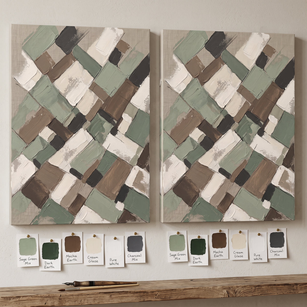 Sage Earth Tone Blocks Abstract Canvas — abstract wall art, bedroom wall decor, canvas wall art shown on a wall in a styled interior, view C5 (canvas print)