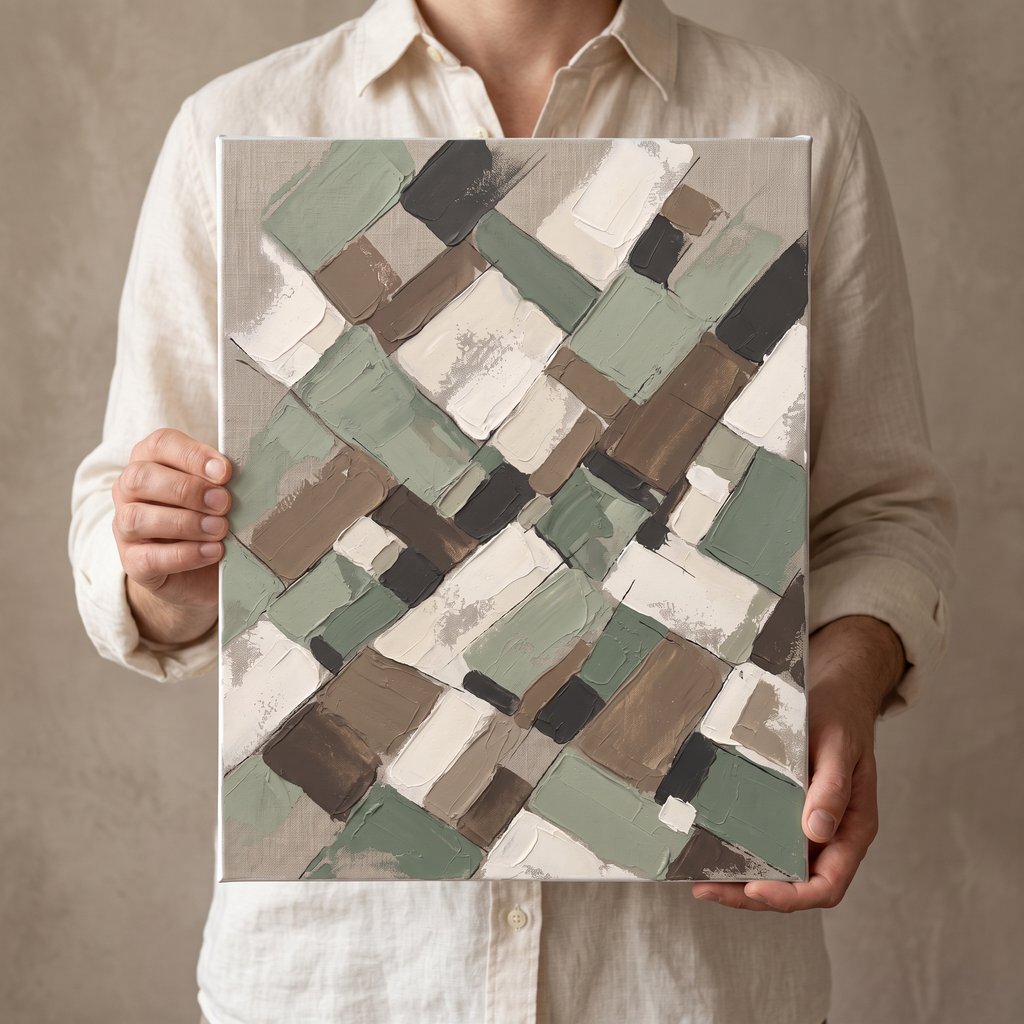 Sage Earth Tone Blocks Abstract Canvas, Muted Botanical Wall Art, Cozy Farmhouse Decor, Gift