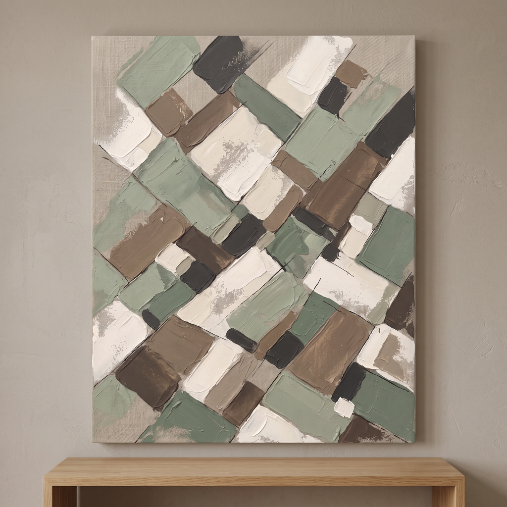 Sage Earth Tone Blocks Abstract Canvas, Muted Botanical Wall Art, Cozy Farmhouse Decor, Gift