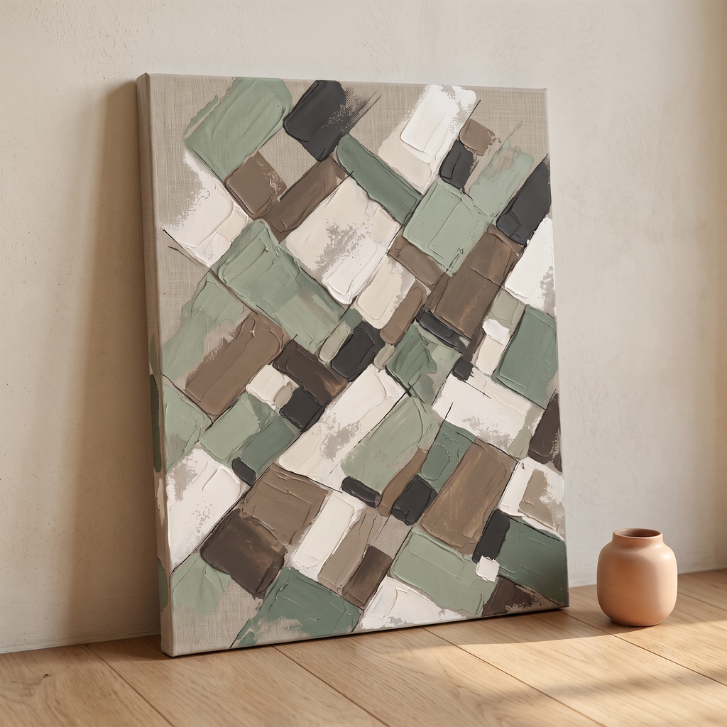Sage Earth Tone Blocks Abstract Canvas, Muted Botanical Wall Art, Cozy Farmhouse Decor, Gift