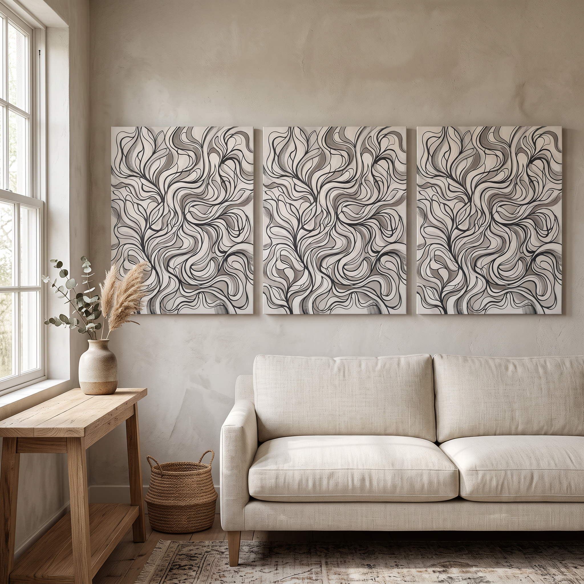 Charcoal Organic Line Abstract Wall Art, One Line Drawing Canvas, Minimalist Modern Decor, Gift