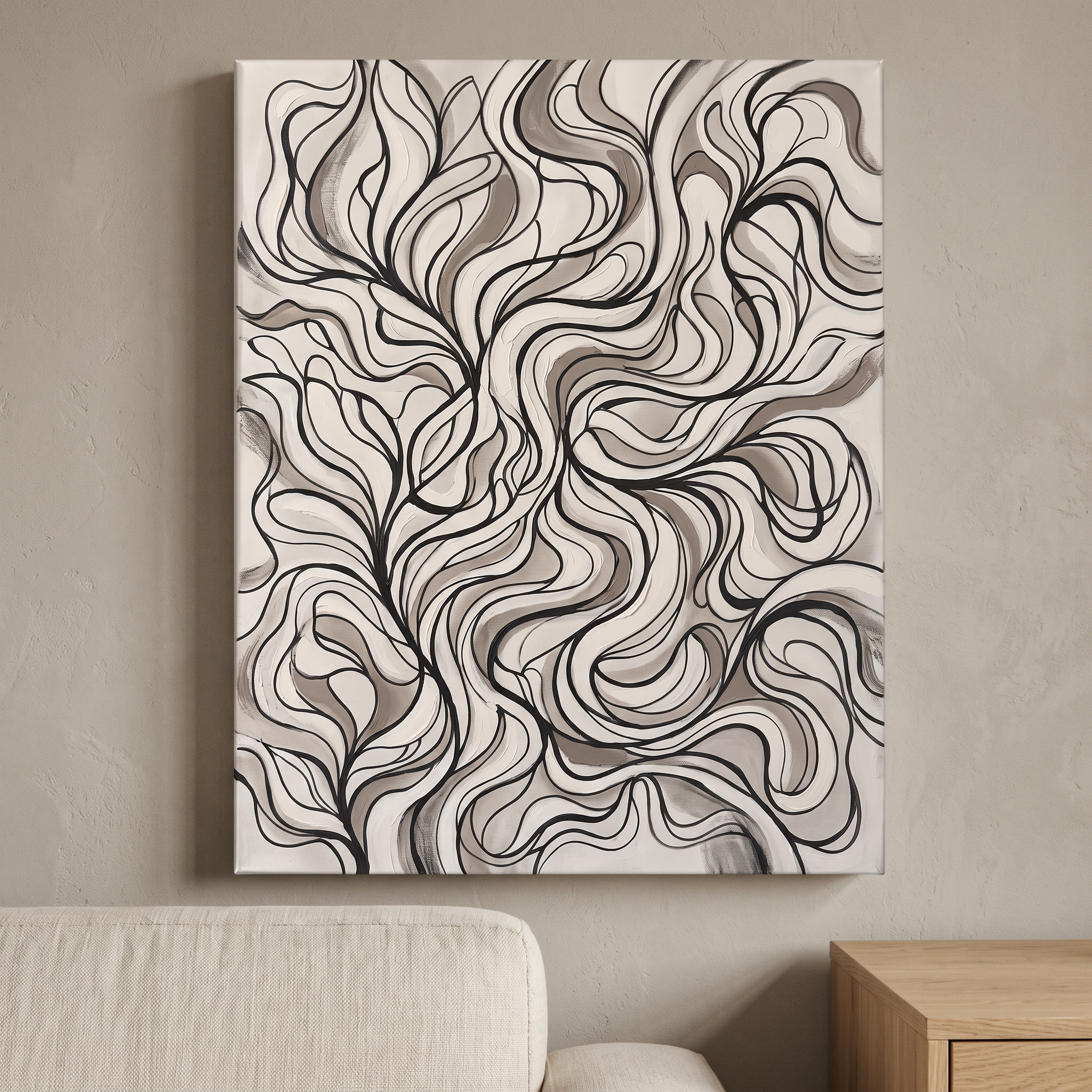 Charcoal Organic Line Abstract Wall Art, One Line Drawing Canvas, Minimalist Modern Decor, Gift