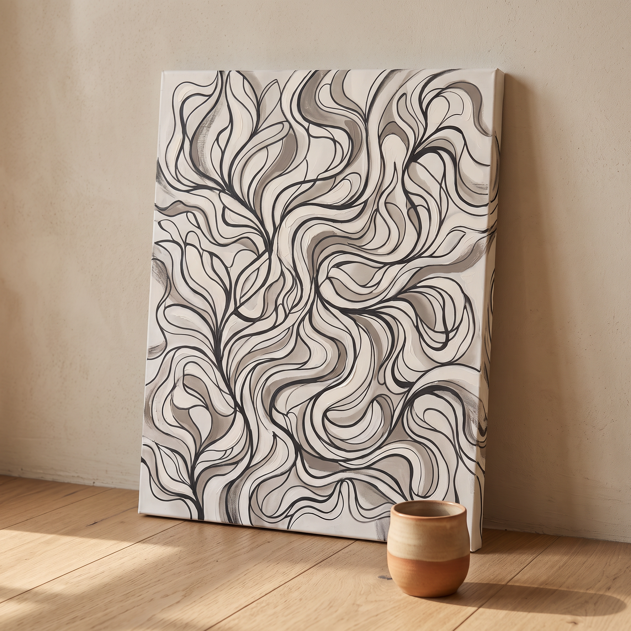 Charcoal Organic Line Abstract Wall Art, One Line Drawing Canvas, Minimalist Modern Decor, Gift