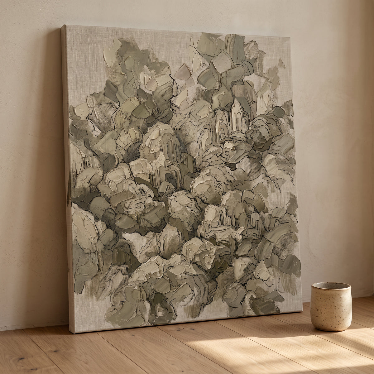 Olive Neutral Abstract Wall Art — abstract wall art, bedroom wall decor, canvas wall art shown on a wall in a styled interior, view C9 (canvas print)