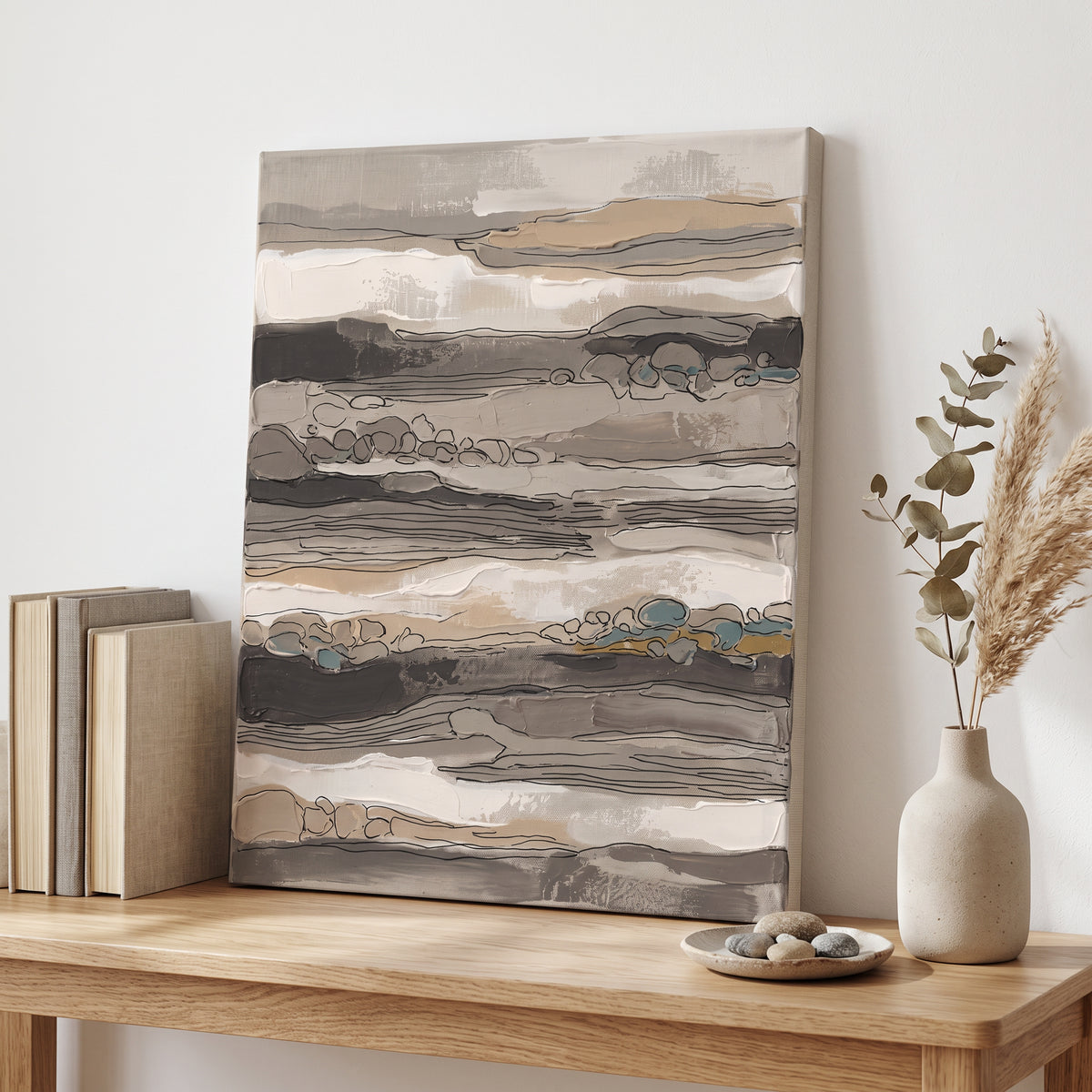Taupe Layered Stripes Abstract Canvas — abstract wall art, bedroom wall decor, canvas wall art shown on a wall in a styled interior, view C10 (canvas print)