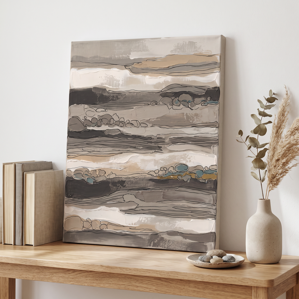 Taupe Layered Stripes Abstract Canvas, Minimalist Geometric Wall Art, Neutral Living Room Decor, Gift