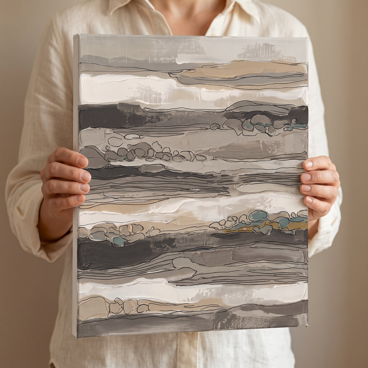 Taupe Layered Stripes Abstract Canvas — abstract wall art, bedroom wall decor, canvas wall art shown on a wall in a styled interior, view C6 (canvas print)
