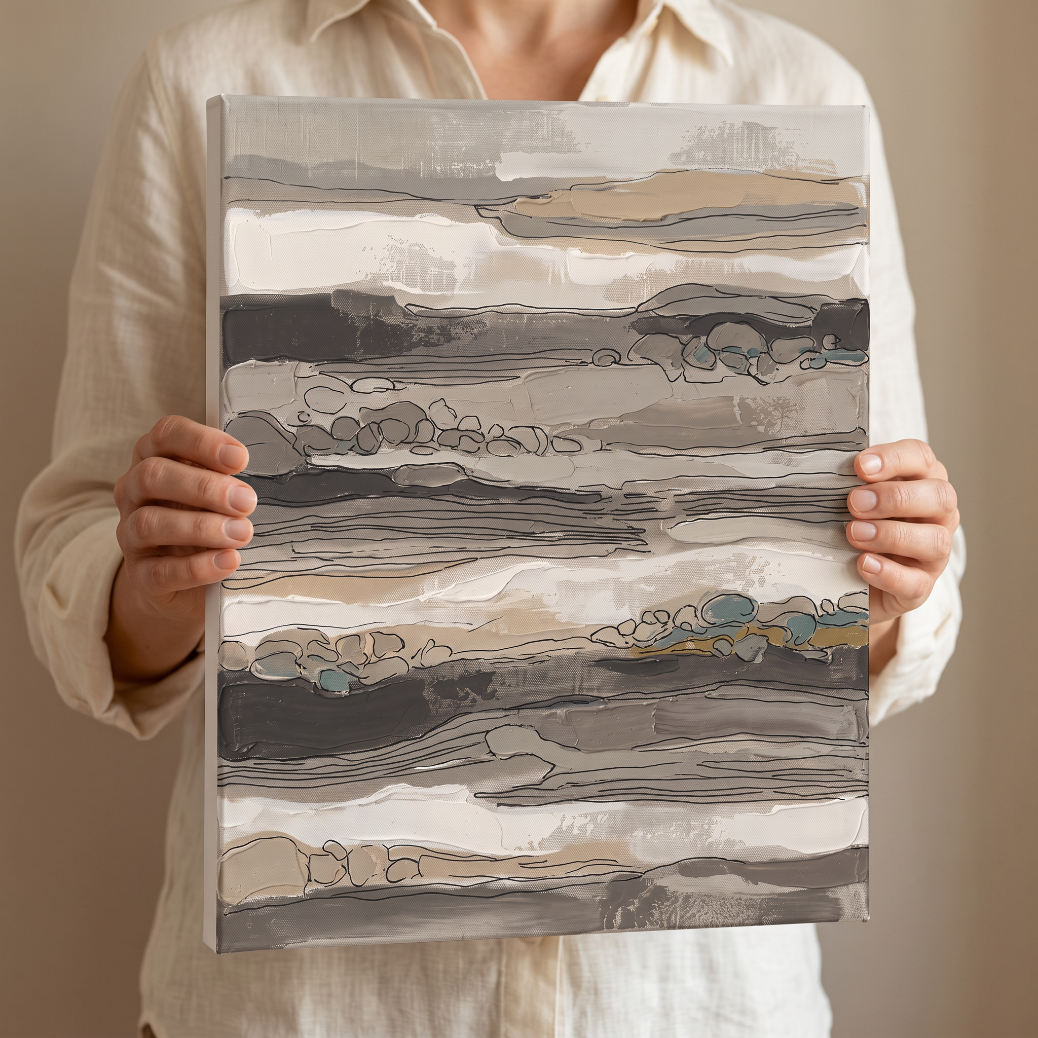 Taupe Layered Stripes Abstract Canvas, Minimalist Geometric Wall Art, Neutral Living Room Decor, Gift