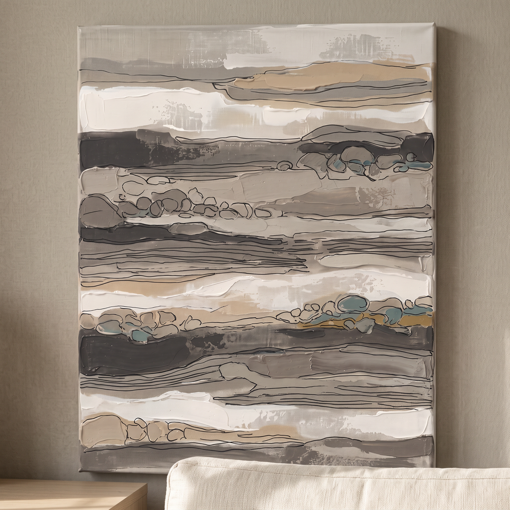 Taupe Layered Stripes Abstract Canvas, Minimalist Geometric Wall Art, Neutral Living Room Decor, Gift