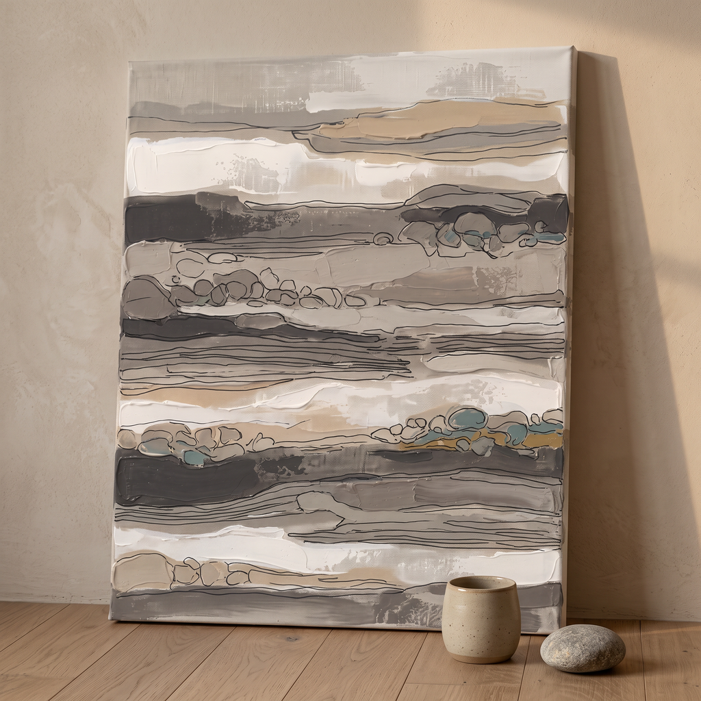 Taupe Layered Stripes Abstract Canvas, Minimalist Geometric Wall Art, Neutral Living Room Decor, Gift
