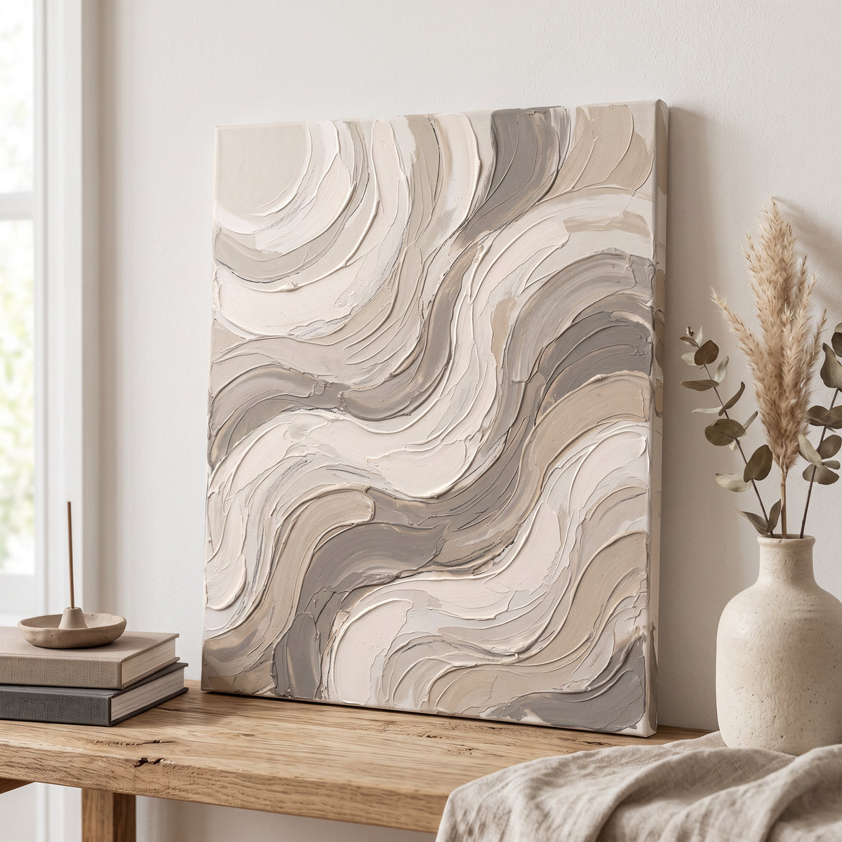 Cream Impasto-Style Waves Abstract Wall Art — abstract wall art, bedroom wall decor, canvas wall art shown on a wall in a styled interior, view C10 (canvas print)