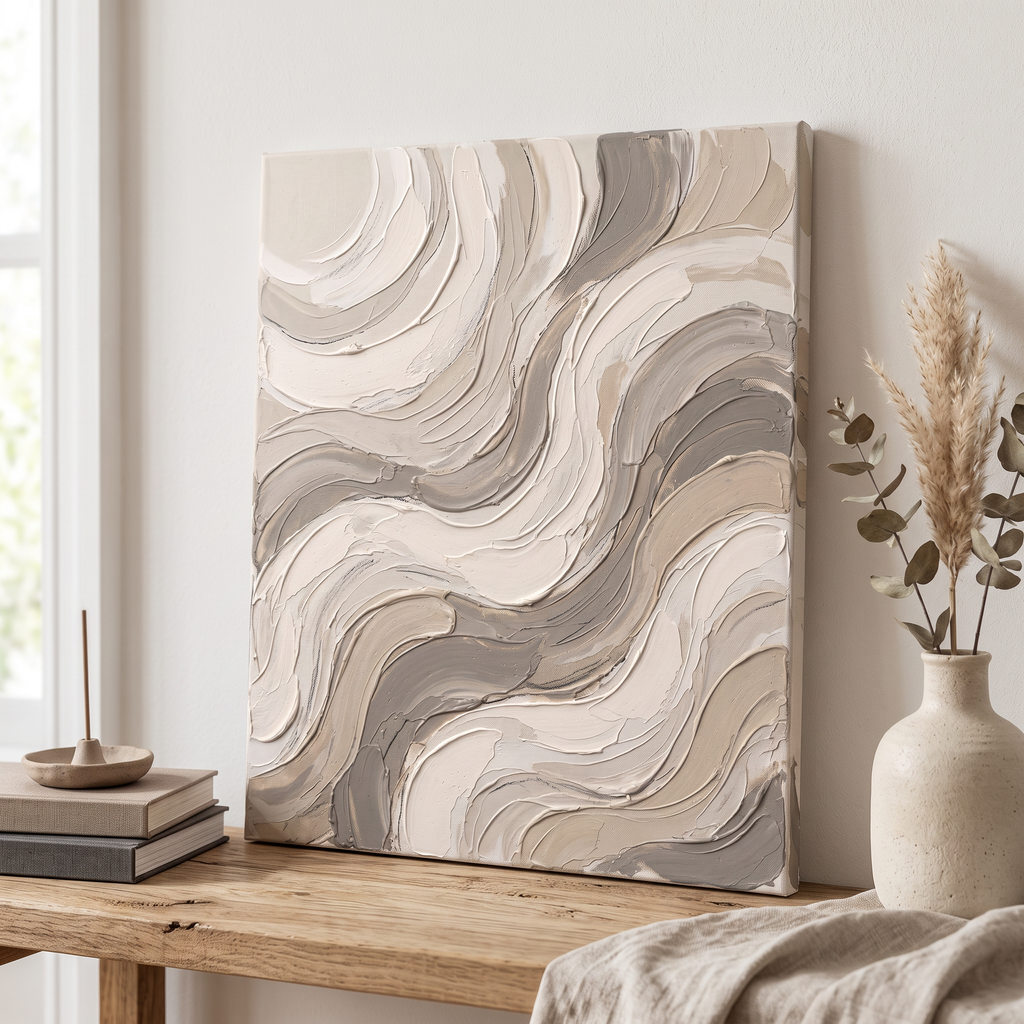 Cream Impasto Waves Abstract Wall Art, Thick Textured Canvas Painting, Elegant Bedroom Decor, Gift