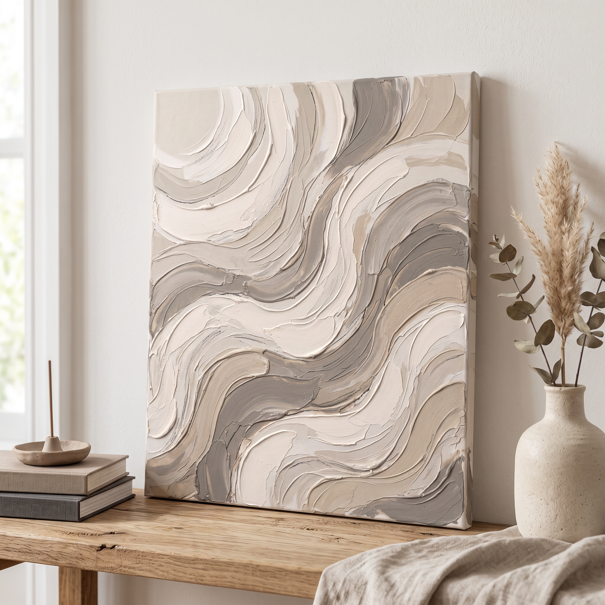 Cream Impasto Waves Abstract Wall Art, Thick Textured Canvas Painting, Elegant Bedroom Decor, Gift
