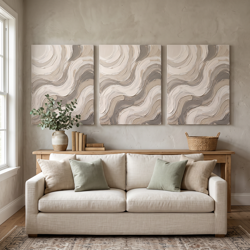Cream Impasto Waves Abstract Wall Art, Thick Textured Canvas Painting, Elegant Bedroom Decor, Gift