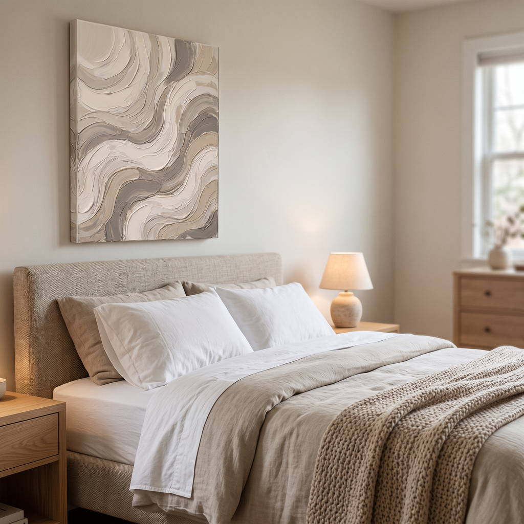 Cream Impasto Waves Abstract Wall Art, Thick Textured Canvas Painting, Elegant Bedroom Decor, Gift
