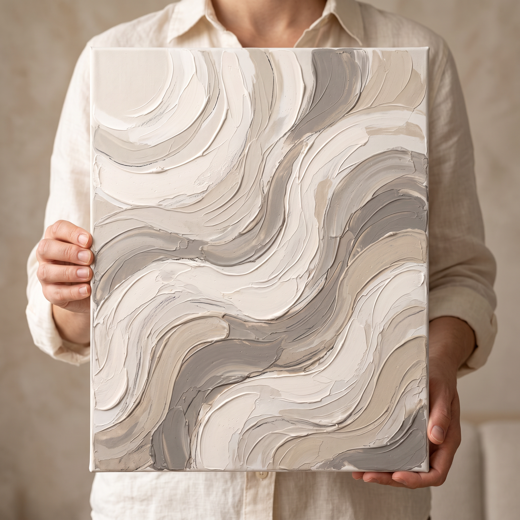 Cream Impasto Waves Abstract Wall Art, Thick Textured Canvas Painting, Elegant Bedroom Decor, Gift