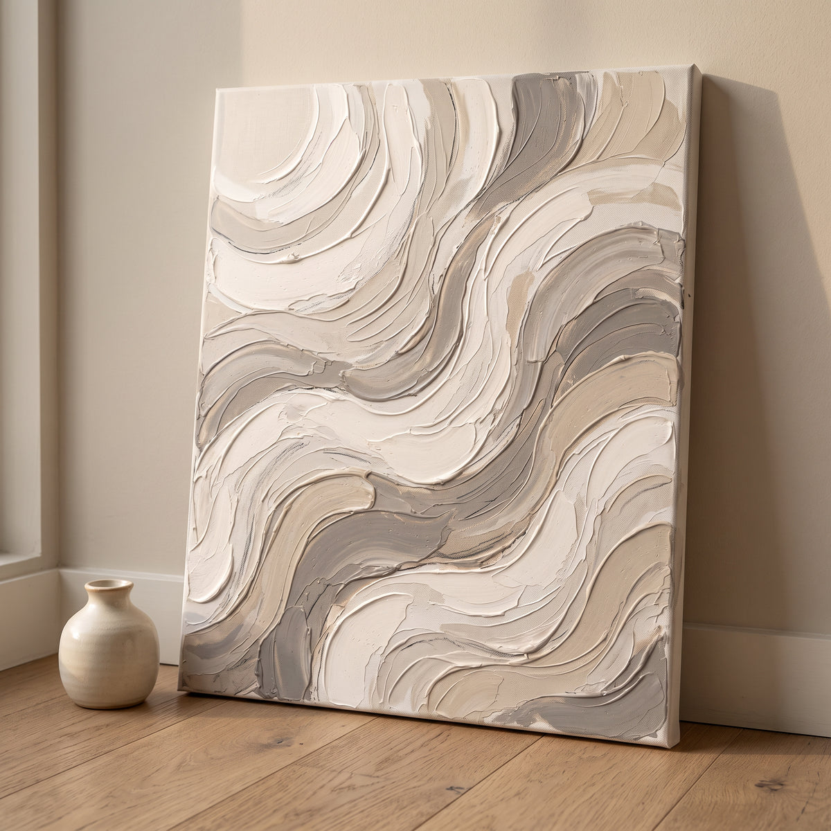 Cream Impasto-Style Waves Abstract Wall Art — abstract wall art, bedroom wall decor, canvas wall art shown on a wall in a styled interior, view C9 (canvas print)