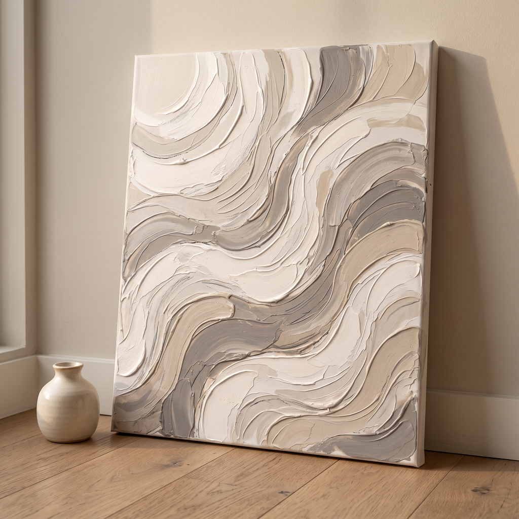 Cream Impasto Waves Abstract Wall Art, Thick Textured Canvas Painting, Elegant Bedroom Decor, Gift