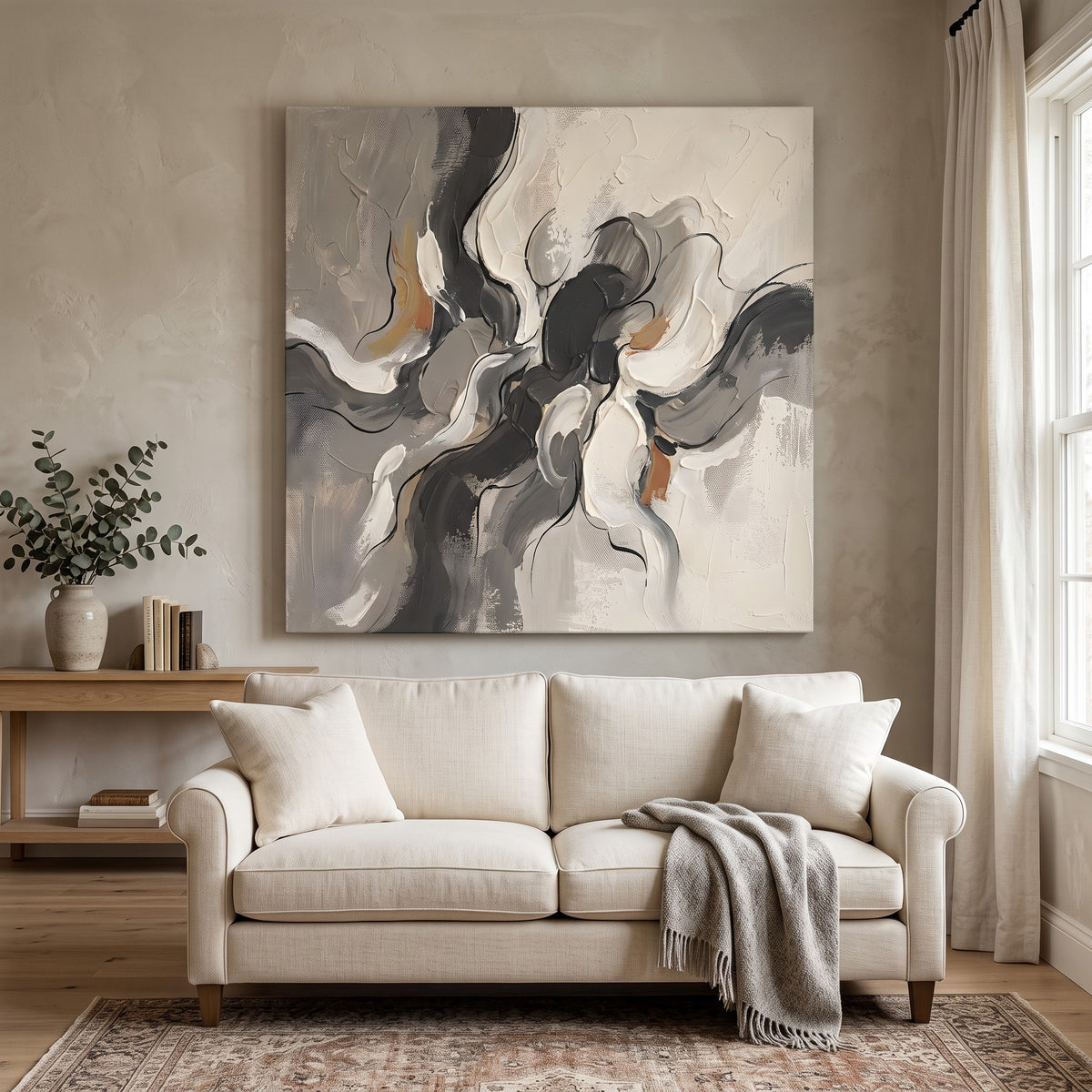 Beige Black Abstract Wall Art, Neutral Decor, Gallery Wrapped Canvas, Gift