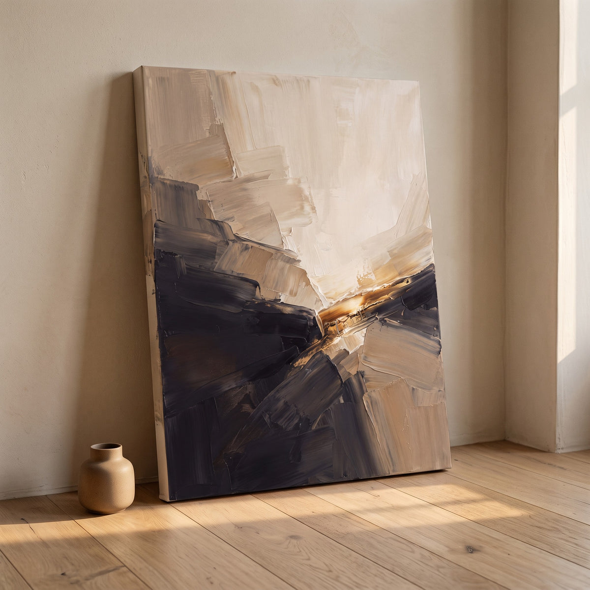 Beige Black Abstract Wall Art, Neutral Decor, Gallery Wrapped Canvas, Gift