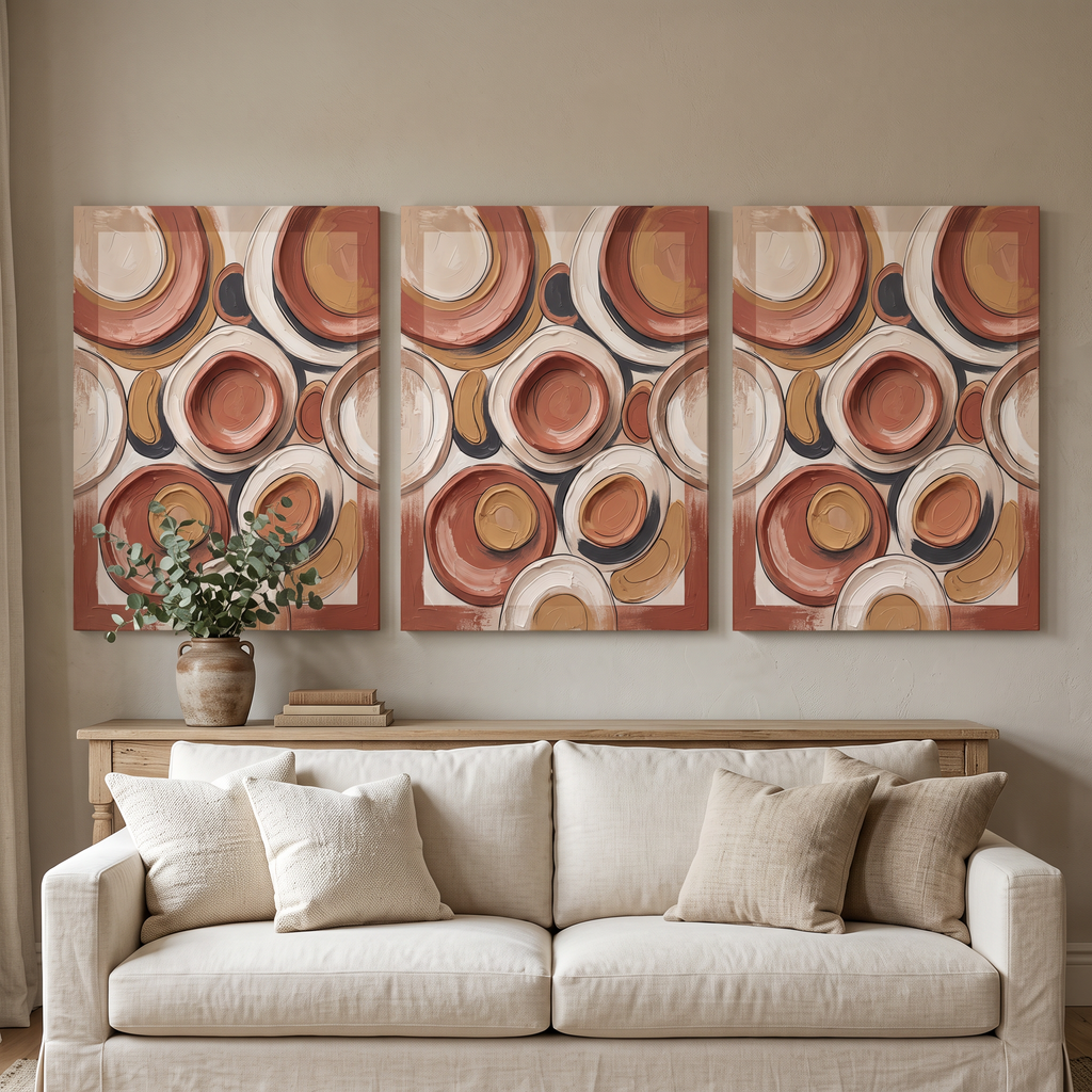 Sculptural Clay Forms Abstract Canvas — abstract, abstract wall art, canvas wall art shown on a wall in a styled interior, view C3 (canvas print) | BloomWo