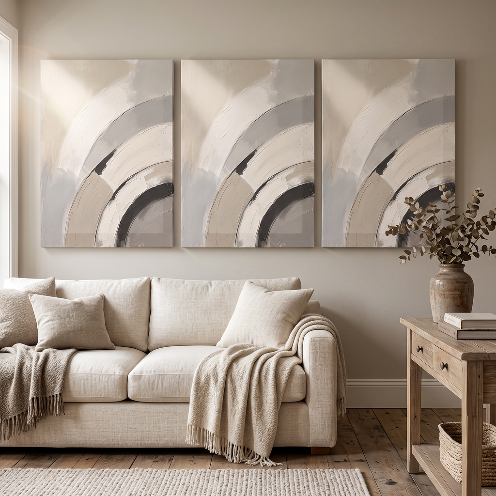 Warm Neutral Arcs Abstract Wall Art — abstract, abstract wall art, canvas wall art shown on a wall in a styled interior, view C3 (canvas print) | BloomWorl