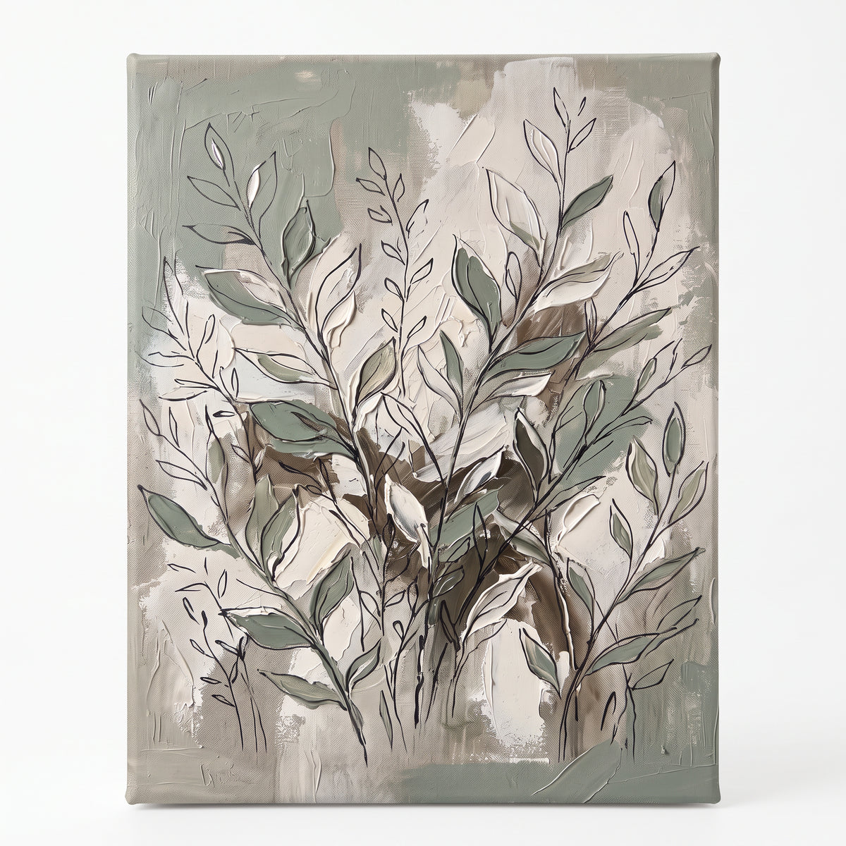 Sage Botanical Abstraction Canvas — abstract, abstract wall art, canvas wall art shown on a wall in a styled interior, view C1 (canvas print) | BloomWorld